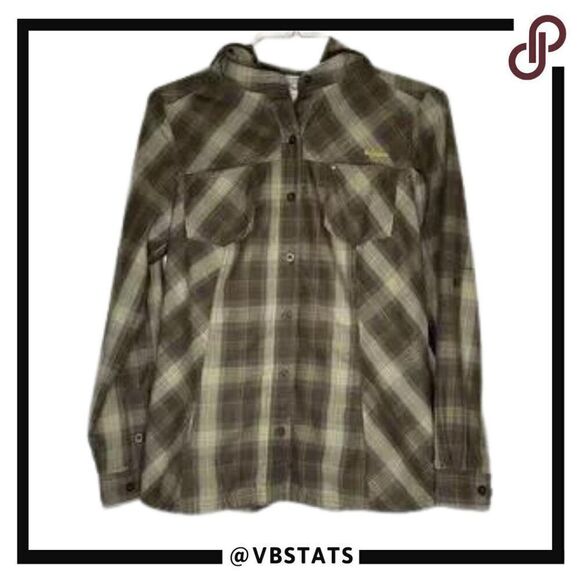 Columbia Women's Medium Brown/Cream/Gold Plaid Long Sleeve Hoodie Shirt - Picture 1 of 6